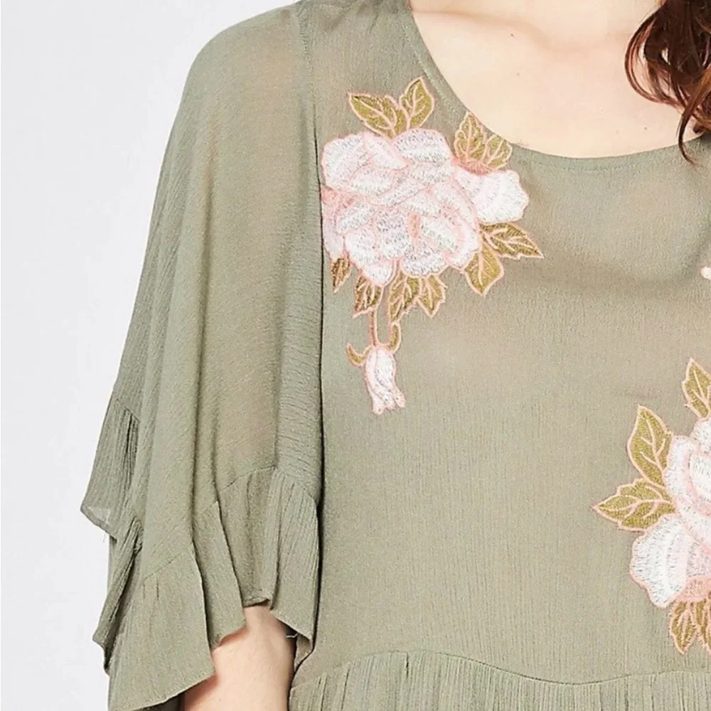 Entro Olive Green Embroidered Ruffle Hem Flyaway Sleeve Boho‎ Mini Dress Size S